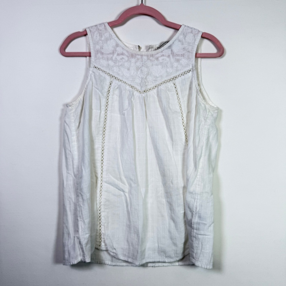 ABERCROMBIE & FITCH White Embroidered Lace Sleeveless Boho Pleated Tank Top‎ M